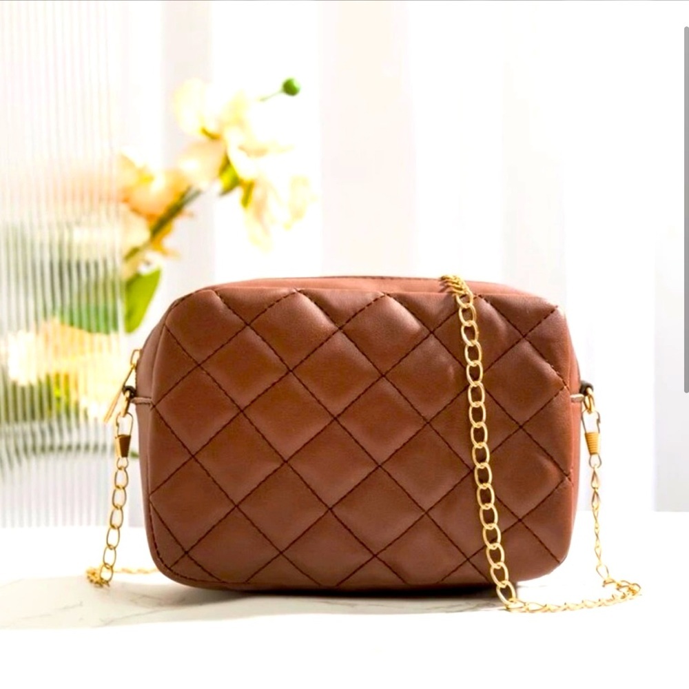 BROWN Quilted Gold Chain CrossBody Purse NWT